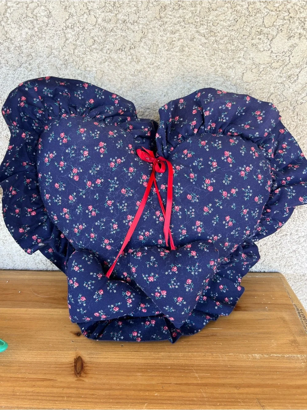 Navy Floral Heart Pillow with Red Bow